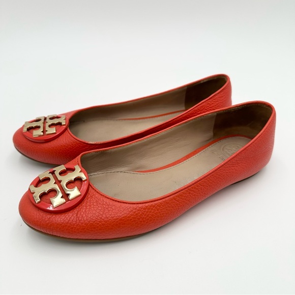 Tory Burch CLAIRE Ballerina Ballet Flat Shoe Samba Leather Logo Orange - Picture 5 of 9